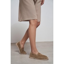 Nişantaşı Shoes Bery Rome Bej Hakiki Süet Düz Taban Kadın Loafer