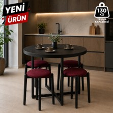 Edmonda Ev Aksesuar Atlas Yuvarlak 90 Çap Puflu 4 Kişilik Masa Takımı Balkon Masası Kahve Masası Bordo Kumaş