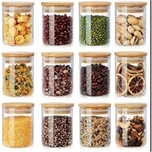 Empressco 12'li Bambu Kapaklı Mini Borosilikat Cam Kavanoz Seti 200 Ml, Kaşıklı