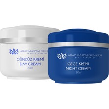 Arap Makyaj Dünyası Gece ve Gündüz Kremi 2×20 ml – Hyaluronik Asitli, Peeling Etkili, Nemlendirici ve Siyah Nokta Karşıtı Bakım, Tüm Cilt Tiplerine Uygun