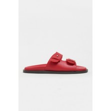Nişantaşı Shoes Cute Kırmızı Rustik Çift Bantlı Düz Taban Kadın Terlik