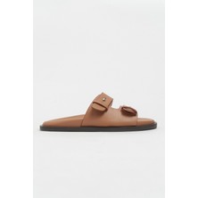 Nişantaşı Shoes Cute Açık Taba Rustik Çift Bantlı Düz Taban Kadın Terlik