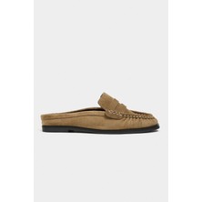 Nişantaşı Shoes Debra Rome Bej Süet Deri Düz Taban Kadın Loafer Terlik