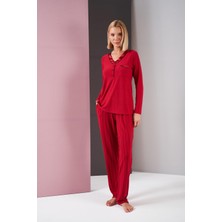 Pjs 26001 Kadın Saten Düğmeli Yaka Cepli Uzun Kollu Pijama Takım