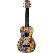 Die Grup Kedi Desenli Soprano Ukulele, Renkli Çizimlerle Dekoratif Müzik Aleti