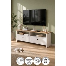 Bofigo Tv Sehpası 2 Kapaklı Tv Ünitesi Televizyon Sehpası 120 x 30 cm Santorini Safir Meşe Beyaz
