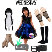 Wednesday Işıklı Kostüm Seti Wednesday Peruk Wednesday Eldiven