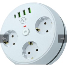 Vea VE-26583 3'LÜ 1.5 METRE KABLOLU 3 USB + TYPE-C GİRİŞLİ AKIM KORUMALI GRUP PRİZ