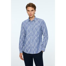 Morven  Erkek Lacivert Keten Trend Çizgili Dynamic Fit Gömlek