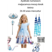 Bemora Kids Elsa Anna Frozen Elbise Mavi Elbise Elsa Anna Baskılı Elbise + Mavi Babble Saç + Taç Asa + Yüz Taşı + Mavi Simli Topuklu Ayakkabı