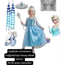 Bemora Kids Elsa Kostüm Elbise + Mavi Babble Saç + Taç + Asa + Yüz Taşı + Elsa Mavi Topuklu Ayakkabı Seti Doğum Günü Parti Kız Çocuk Elbise