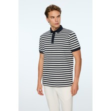 Morven  Erkek Lacivert Trend Balık Sırtı Çizgili Polo Yaka Dinamik Fit Tshirt