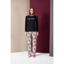Pjs 26020 Kadın Love Yourself Yuvarlak Yaka Leopar Desen Uzun Kol Pijama Takım