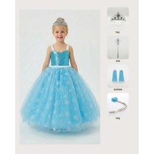 Butik Happy Kids Prenses Elsa Askılı Elsa Kostüm Taç Asa Saç Eldiven 1-12 Yaş