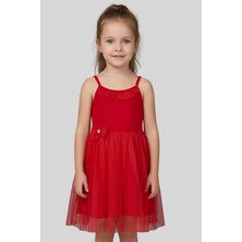 Modanino Kız Çocuk Elbise -Tüllü ve Süsleme Detaylı-Askılı Kollu- 4-8 Yaş 12536