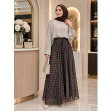 Esra Butik Siyah & Kahverengi Puantiyeli Astarlı Şifon Etek – Kendi Kumaşından Kuşaklı, 95 cm