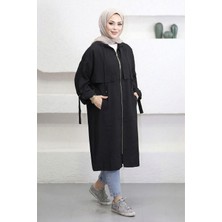 Suede Style 6348- Rahat Şık Fermuarlı Cepli Kol Bağlama Detaylı Yumuşak Tencel Kumaş Uzun Kapüşonlu Kadın Tunik