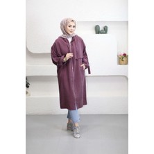 Suede Style 6348- Rahat Şık Fermuarlı Cepli Kol Bağlama Detaylı Yumuşak Tencel Kumaş Uzun Kapüşonlu Kadın Tunik