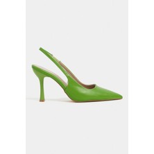 Nişantaşı Shoes Elara Yeşil Mat Slingback V Vamp Hattı Sivri Burun Kadın Topuklu Ayakkabı