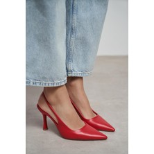 Nişantaşı Shoes Elara Kırmızı Mat Slingback V Vamp Hattı Sivri Burun Kadın Topuklu Ayakkabı