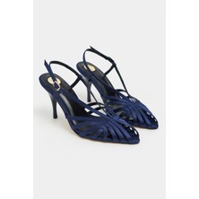 Nişantaşı Shoes Eryu Lacivert Saten Burnu Açık Detay Kafesli Kadın Topuklu Ayakkabı
