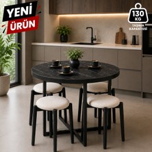 Edmonda Ev Aksesuar Atlas Yuvarlak 90 cm Puflu 4 Kişilik Masa Takımı Balkon Masası Kahve Masası Krem Kumaş