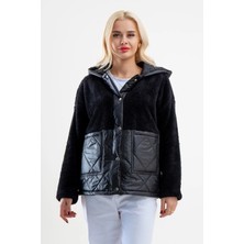 Bold & Young Siyah Wellsoft Peluş Kapitone Cepli Kapüşonlu Fermuarlı Kadın Ceket