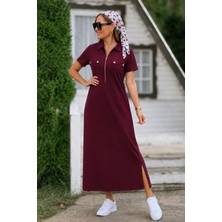 Trend Metkar Kadın Kısa Kollu Yakalı Fermuarlı Uzun Viskon Iki Iplik Elbise