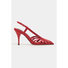 Nişantaşı Shoes Eryu Kırmızı Saten Burnu Açık Detay Kafesli Kadın Topuklu Ayakkabı