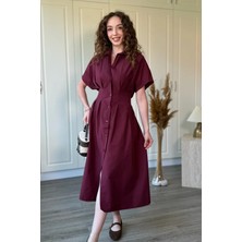 Dilay Gökoğlu Butik Bel Drapeli Yırtmaçlı Gömlek Elbise