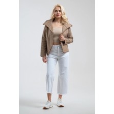 Bold & Young Kadın Camel Tek Cepli Metal Fermuarlı Pis Dikişli Ceket