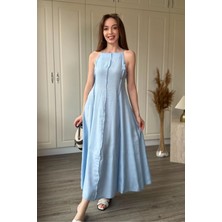 Dilay Gökoğlu Butik Askılı Keten Şeritli Midi Elbise