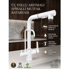 Rena Design Beyaz Arıtmalı Spiralli 2 Modlu Başlık L Boru Mutfak Evye Bataryası Prinç Armatür Musluk