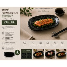 Bonnami Bonna Cosmos Black Gourmet Oval Kayık Tabak 4’lü Set / 24X14 cm Siyah Porselen Modern Sunum ve Meze Tabağı
