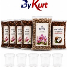 ByKurt Orkide Toprağı Saksı Değişim Seti Premium - 4 Adet İthal Çam Kabuğu + Coco Cips + Kil Bilyesi + 5 Adet Şeffaf Orkide Saksısı Bakım Seti