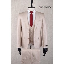 Jan Carlucci Slim Fit Mono Yaka Iki Düğme Çift Yırtmaç  Krem Rengi  Drop 6 Yelekli Takım Elbise