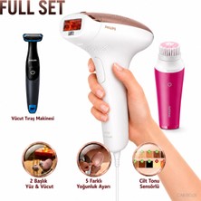 Philips Ipl Epilasyon Cihazı 2 Başlıklı Yüz ve Vücut Için Kablolu Cilt Tonu Sensörlü Bakım Seti Çantalı + Tıraş Makinesi Pürüzsüz Cilt