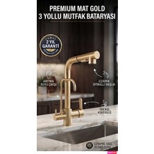 Rena Design Mat Gold Arıtmalı Spiralli 2 Modlu Başlık L Boru Mutfak Evye Bataryası Altın Prinç Armatür Musluk