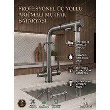 Rena Design Antrasit Arıtmalı Spiralli 2 Modlu Başlık L Boru Mutfak Evye Bataryası Prinç Armatür Musluk