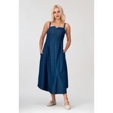 Bold & Young Kadın Kot Denim Kumaş Gizli Fermuarlı Cepli Askılı Elbise