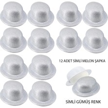 Drop Tedarik Gümüş Renk Simli Melon Yuvarlak Parti Şapkası 12 Adet
