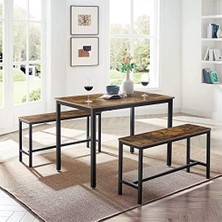 Yemek Masası, 2 Banklı, 3'lü Set, Mutfak Masası 70 x 110 x 75 Cm, Her Biri 2 Bank 30 x 97 x 50 Cm, Çelik Çerçeve, Endüstriyel Tasarım, Kahverengi-Siyah KDT070B01