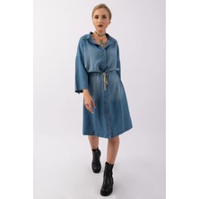 Bold & Young Kadın Lyocel Denim Kol Britli Kordonlu Elbise Mavi
