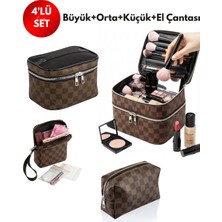 NS Reliable 4’lü Set Makyaj ve Kozmetik Seyahat Çantası - Su Geçirmez Düzenleyici Valiz Içi Organizer-Kahve Dama