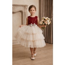 Deep Look Kids Wear Kırmızı Payetli Kat Kat Tül Etekli Kız Çocuk Abiye
