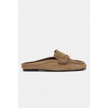 Nişantaşı Shoes Loba Rome Bej Süet Deri Düz Taban Kadın Loafer Terlik
