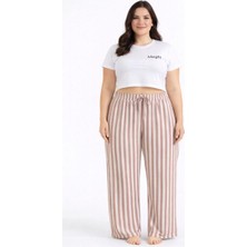 MiraLive Viskon Pamuklu Kadın Büyük Beden Gül Kurusu Çizgili Pijama Pantolon - MGB003 - Mudanis