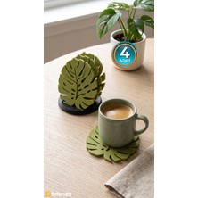 Bitenzo 3D Yaprak Tasarımlı Bardak Altlığı ve Stand Seti - Botanik Temalı Haki Yeşil 4'lü Paket