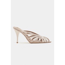 Nişantaşı Shoes Judith Koyu Bej Saten Burnu Açık Detay Kafesli Kadın Topuklu Terlik