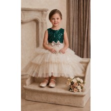 Deep Look Kids Wear Koyu Yeşil Payetli Kat Kat Tül Etekli Kız Çocuk Abiye